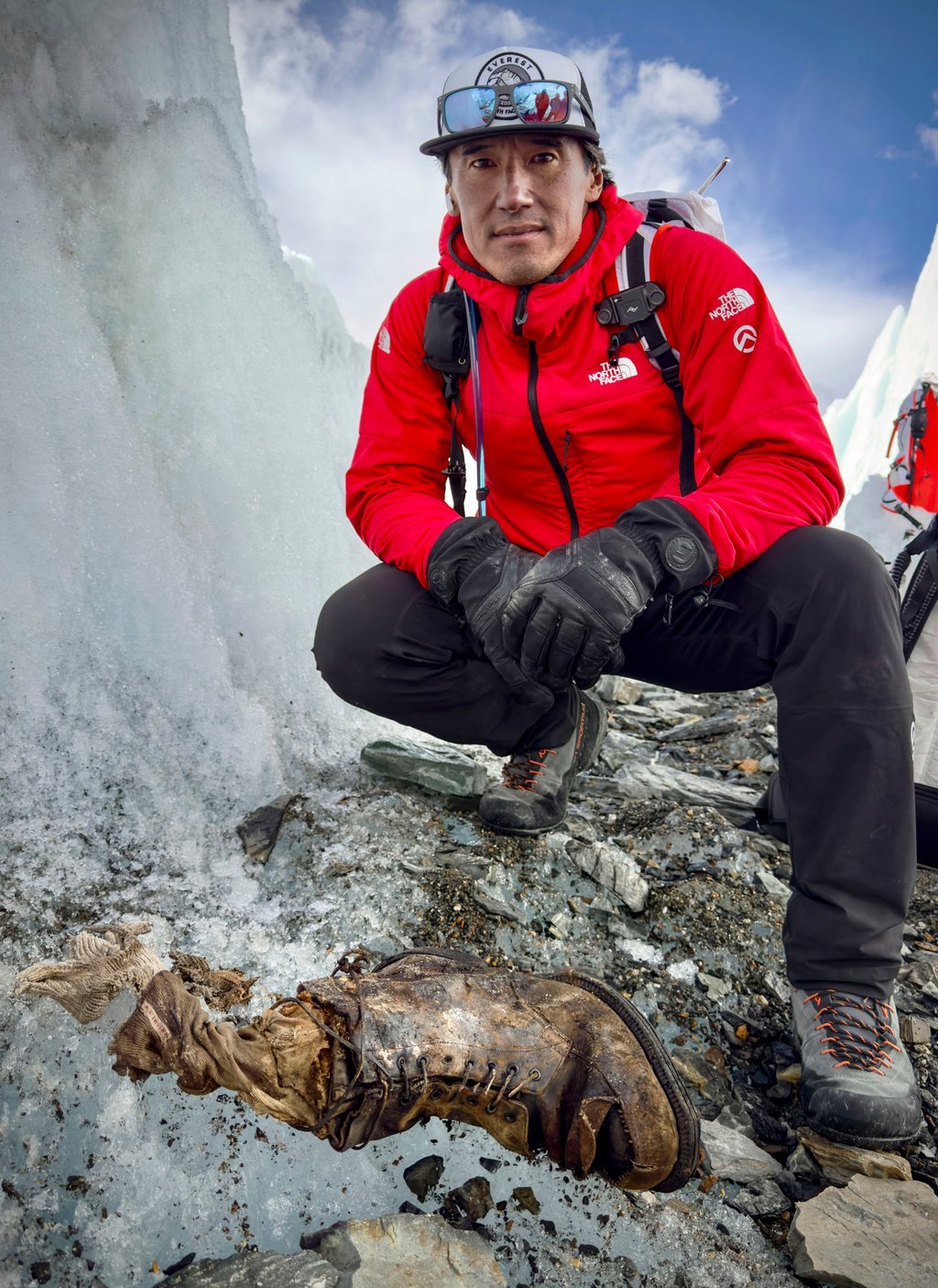 A sock embroidered with “A.C. Irvine”, along with a boot, were discovered on the Central Rongbuk Glacier by a team led by Jimmy Chin. Photo: Jimmy Chin/National Geographic via AP